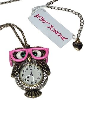 Betsey Johnson Back To Cool Owl Clock Pendant Necklace New